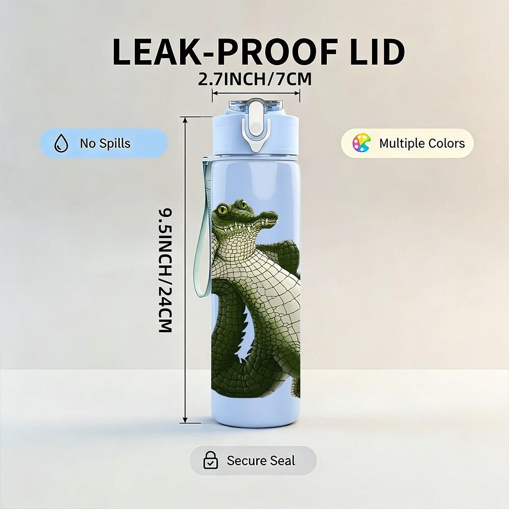 1PC Green Crocodile Reptile Pattern 750ml Color Plastic Sports Water Bottle Leakproof Flip Straw Lid Suitable for Sports Office Home Use