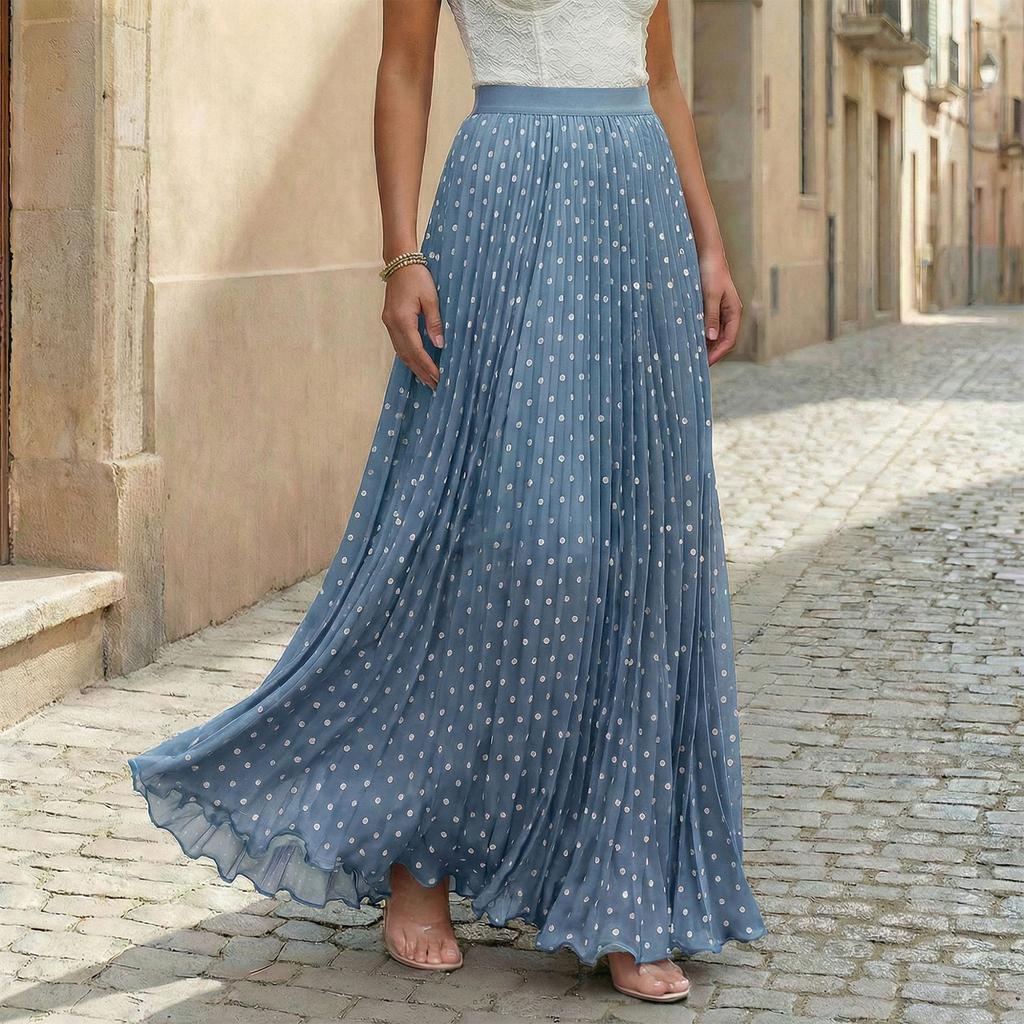 Women Vintage Polka Dot Print Pleated Maxi Skirt Holiday Style High Waist Flowy A Line Skirt for Casual and Everyday Wear