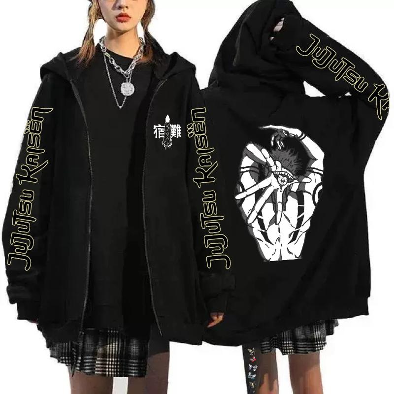 Spell Return Battle Printed Zipper Hoodie Women Men Casual Loose Casual Loose Harajuku Ip-up Hoodie