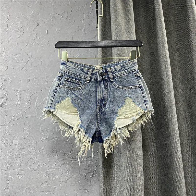 Women's Slim and Low Waist A-line Hairy Wide-leg Hot Girl Ripped Denim Shorts