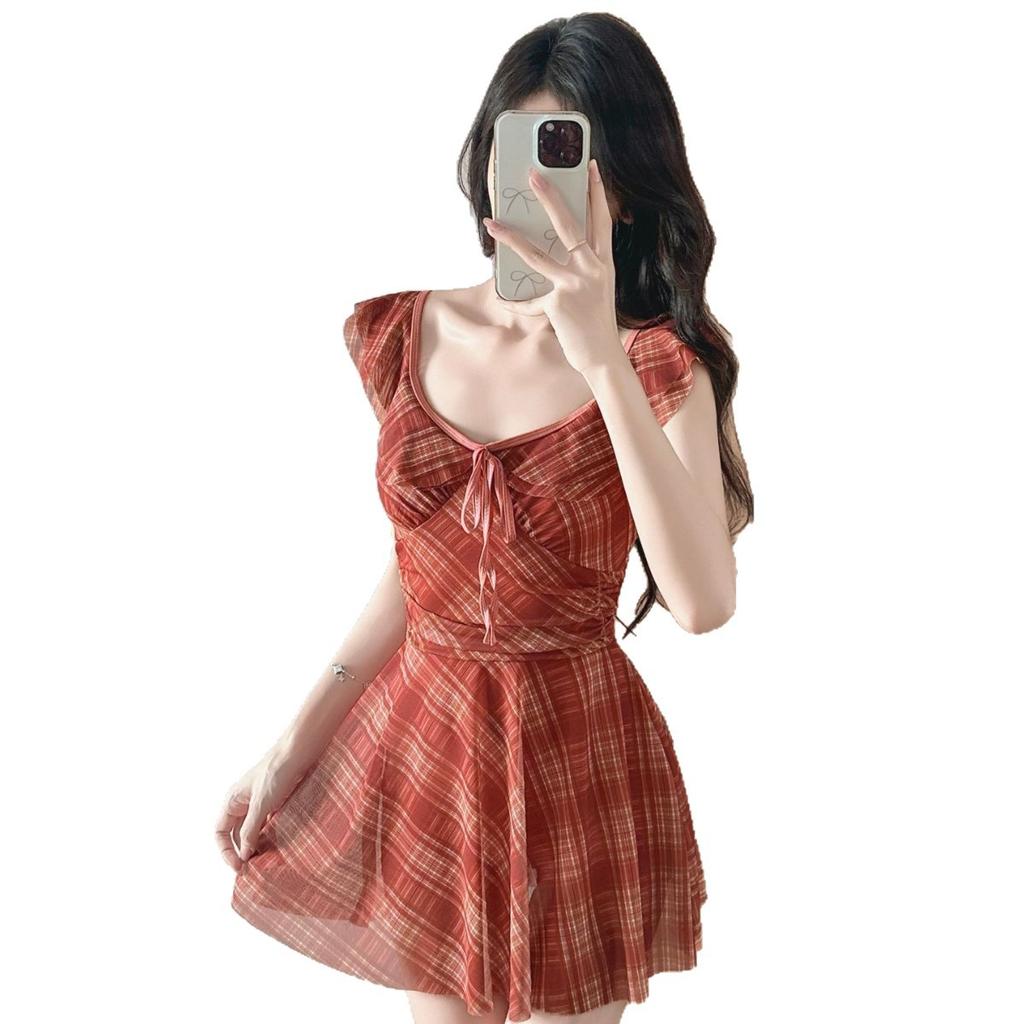 Swimsuit new women's big red sexy backless neck covering belly and thin suspender ins one-piece polyester