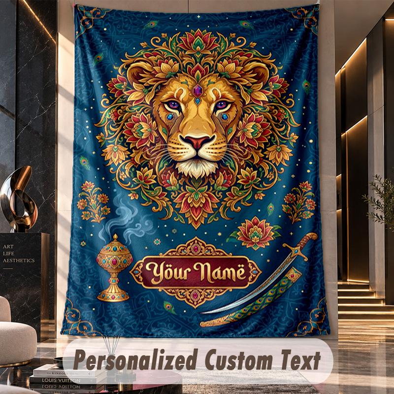 Royal Lion Crest Theme Wall Tapestry Customized With Name Text Personalized Hanging Tapestry For Bedroom Living Room Decor