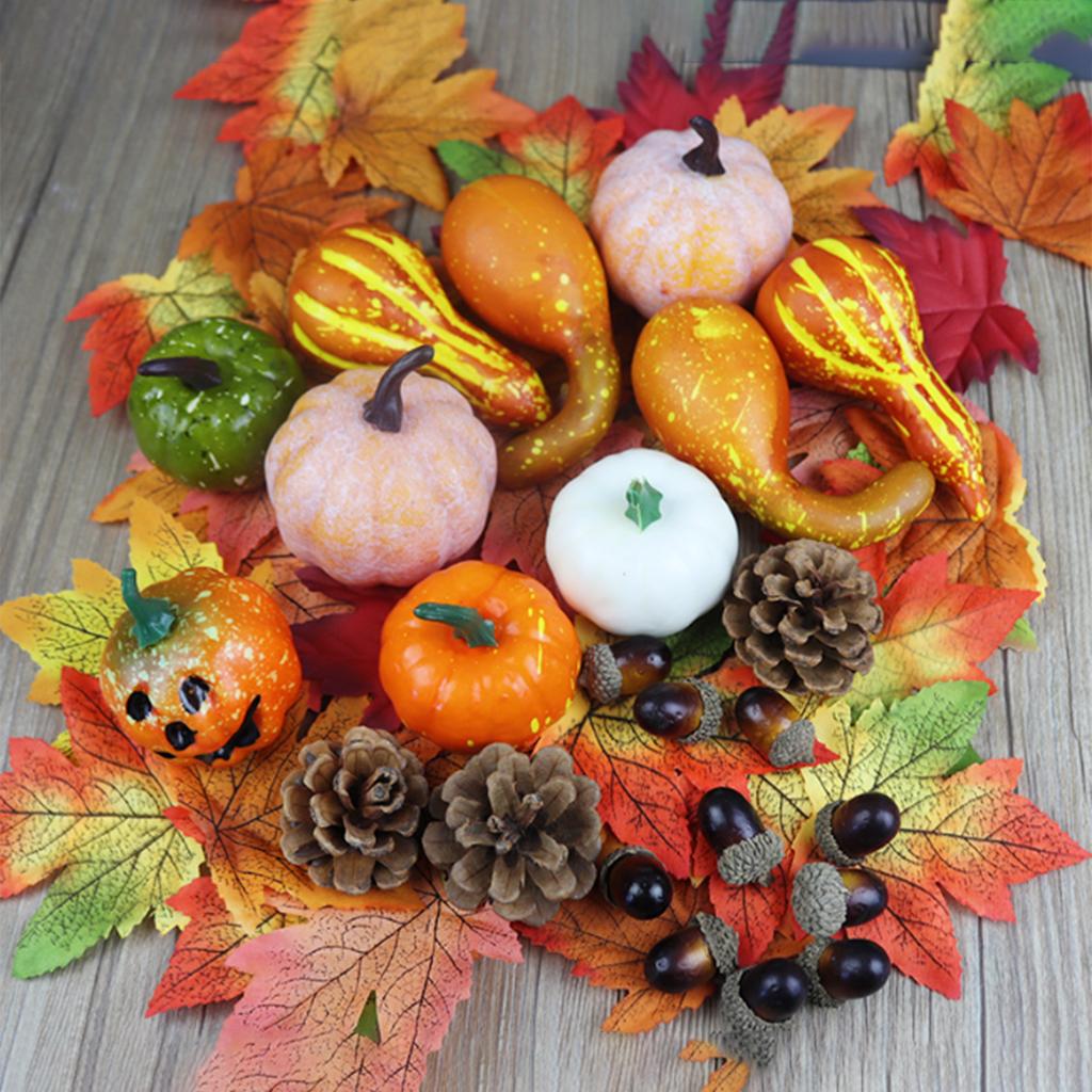 Artificial Pumpkins With Maple Leaves Pinecones Hazelnuts For Halloween Fall Party Decorations Indoor Outdoor
