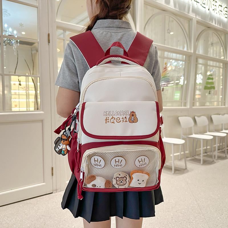 Capybara Color Blocked Letter Print Student Backpack With Pendant Badge And