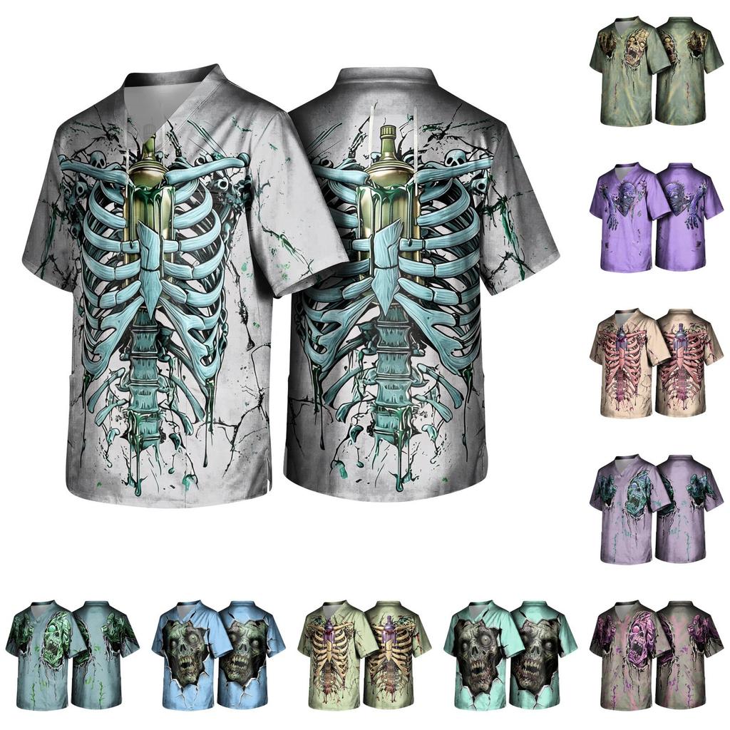 Herren Halloween Print V-Ausschnitt Kurzarm Kasack mit Tasche