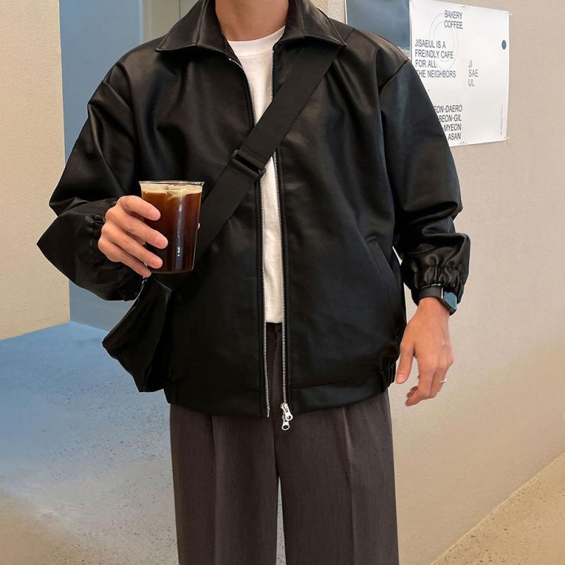 Einfache Retro-Revers-Lederjacke für Herren Frühlingslose Motorrad-Lederjacke im koreanischen Stil Trendy Hübsche Jacke