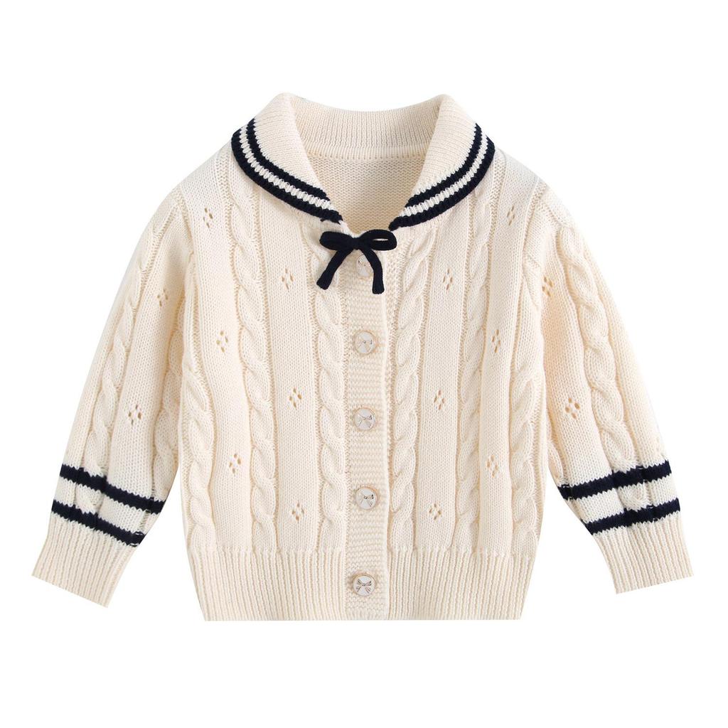 Ensemble tricoté en coton pour filles: Veste à revers nœud & Jupe plissée, Ensemble deux pièces Printemps/Automne