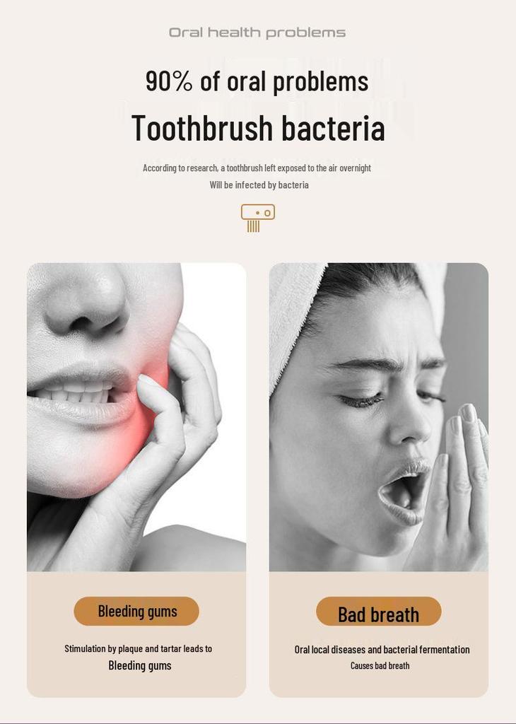 Wall-Mounted UV Sterilizing Toothbrush Holder with No-Drill Installation, Black and Gold Gun Gray, Includes Tooth Mug Storage.