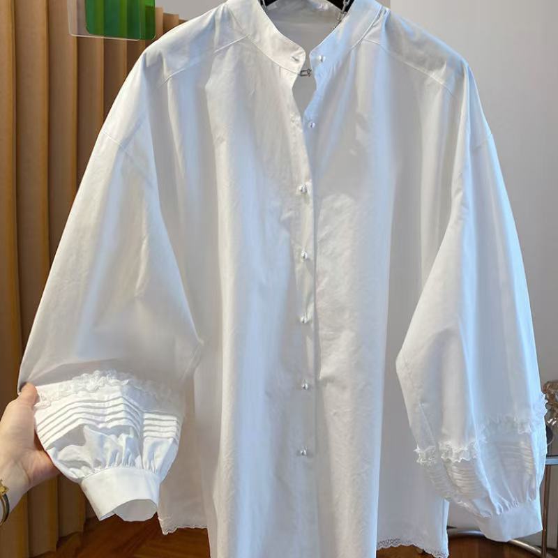 Beautiful Pearl Buckle White Shirt Women's Long Sleeves 1116 New High-end Loose Casual Cotton Lantern Sleeve Top