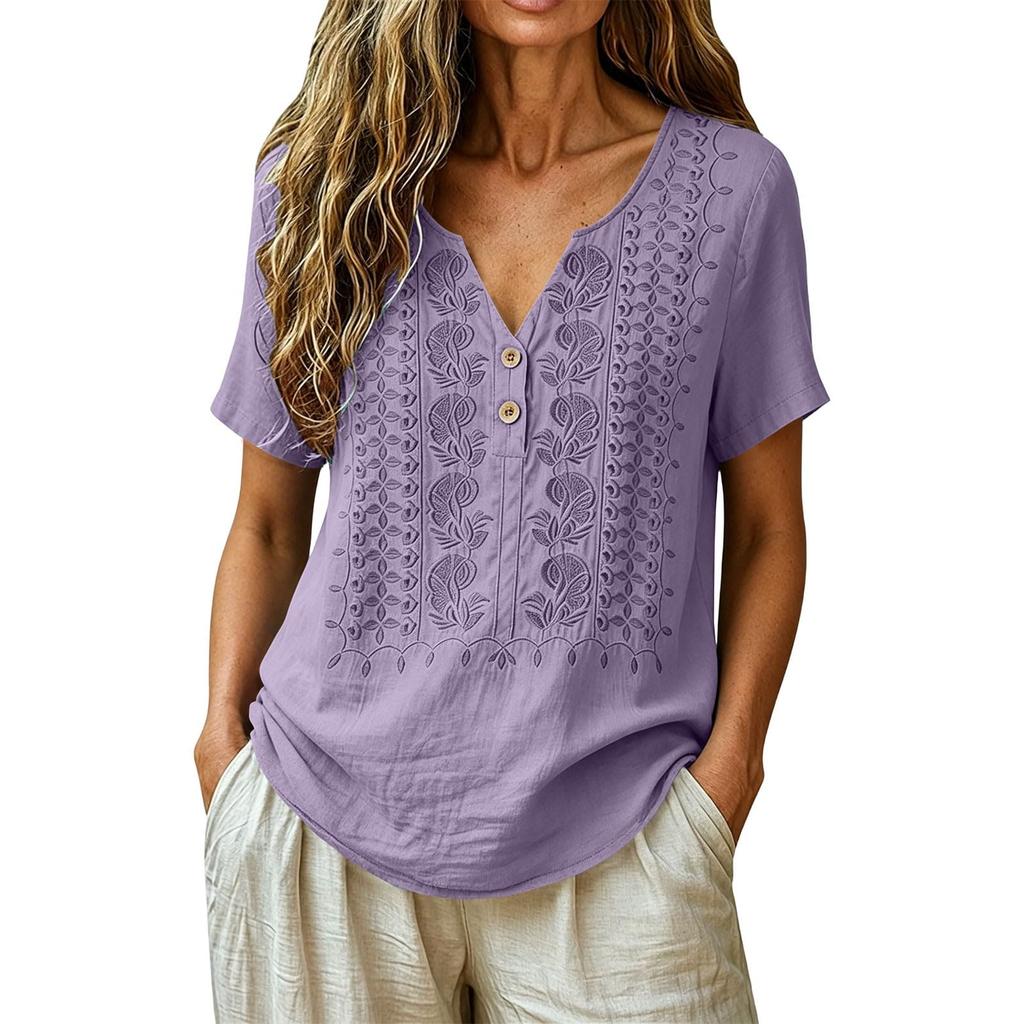 Women V Neck Embroidered Short Sleeve Blouse Casual Loose Fit Button Front Summer Top Lightweight Comfortable Shirt