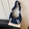 Fashion Denim Hobo Bag Ruched Strap Striped Design Zipper Closure Casual Shoulder Purse for Women