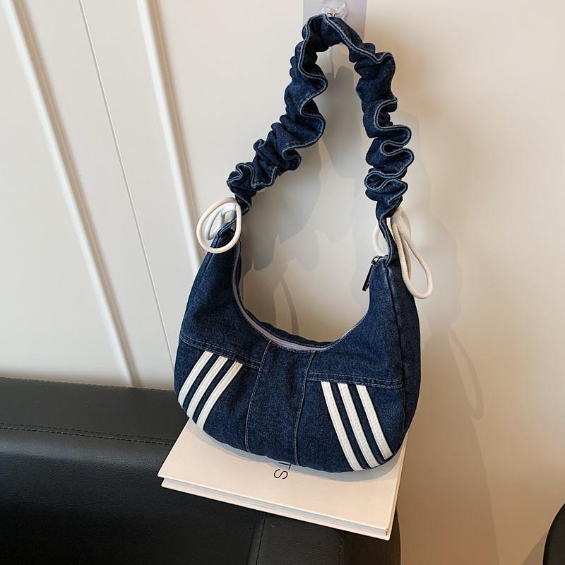 Fashion Denim Hobo Bag Ruched Strap Striped Design Zipper Closure Casual Shoulder Purse for Women