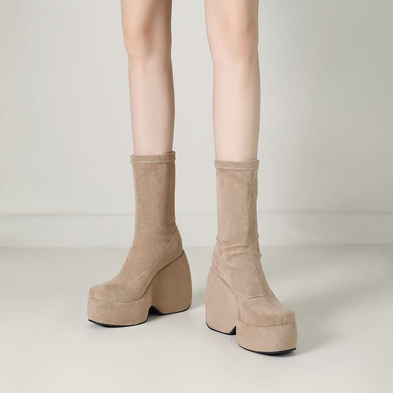 lenkisen Flock Herbst Winter Schuhe Super High Heels Keile Elastische Plateaustiefel Halten Warm Fashion Mid-Calf Stiefel