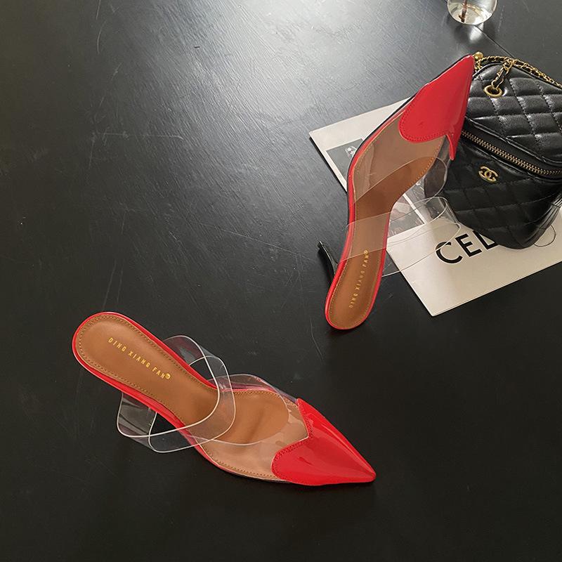 

High heels transparent love surface spring and summer new color matching thin heels women s shoes light mouth bag head half drag pointed women s shoes 40 червоний
