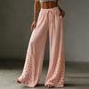 Women's Color Wide Leg Pants with Lace Pockets - Casual Loose Fit Drawstring Elastic Waist Trousers