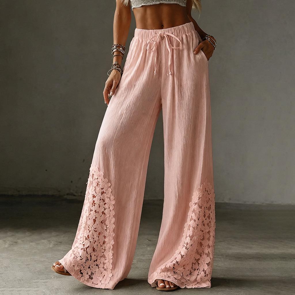 Women's Color Wide Leg Pants with Lace Pockets - Casual Loose Fit Drawstring Elastic Waist Trousers