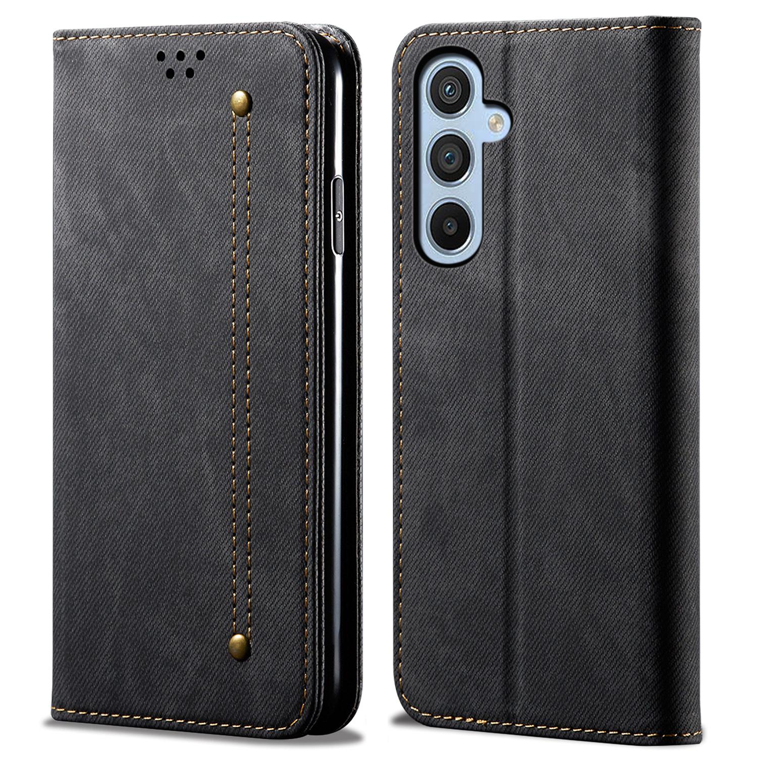 

Чехол-книжка для Samsung Galaxy S24 FE, кошелек, откидная кожаная обложка для телефона, текстура джинсовой ткани Black