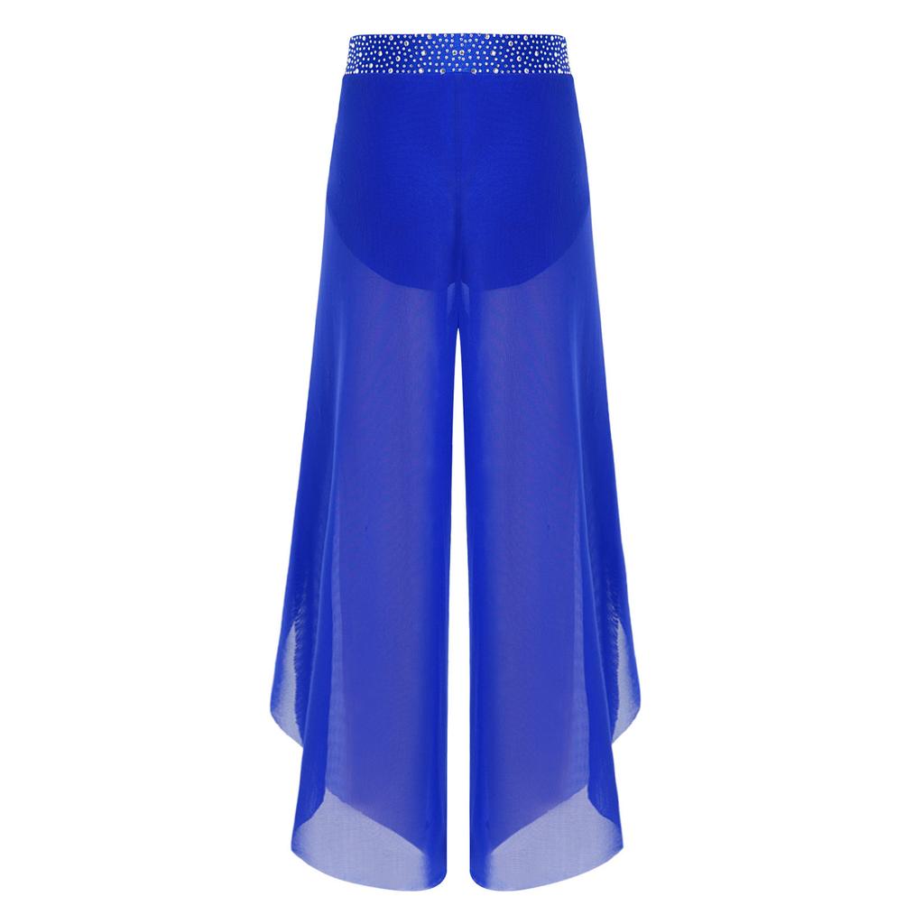 Kids Girls Lyrical Dance Pants Shiny Rhinestone Waistband Side Split Mesh Trousers for Stage Performance Competition