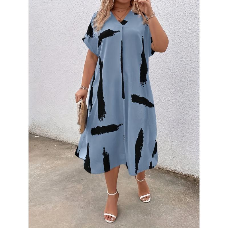 Plus Size, Plus Size V-Neck Short Sleeve Printed Loose Dress