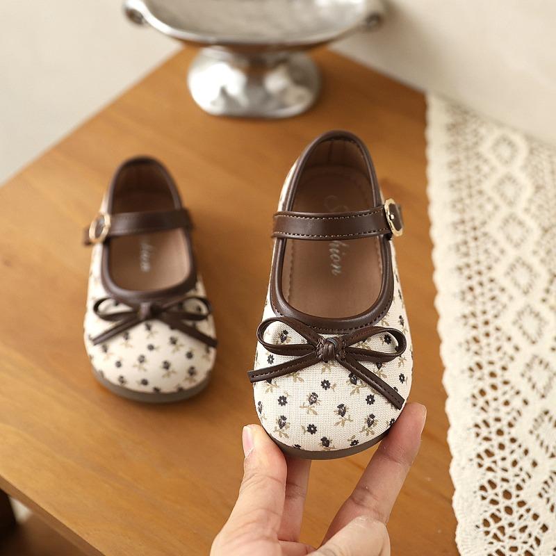 Girls Floral Print Bow Decor Mary Jane Adjustable Buckle Casual Flat Shoes 21 коричневый