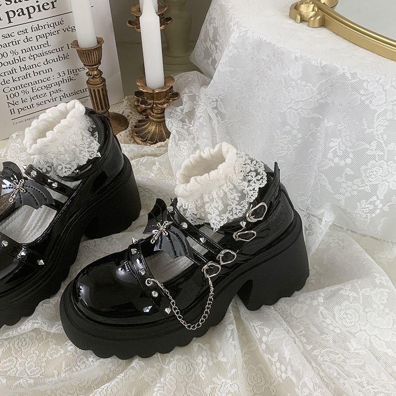 Fashion Women Platform Mary Jane Shoes Lady Fashion Chain Design Thick Sole Leather Shoe Cosplay Halloween Gothic Lolita Shoes for Women