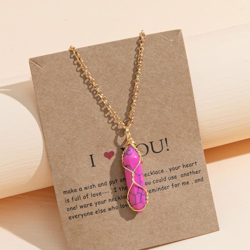 Wire Wrapped Hexagon Pillar Necklace Bullet Point Shaped Pendant Necklace Natural Stone Pendant Clavicle Chain Necklace