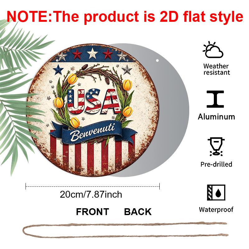 2D Flat - 1pc Aluminum Round Decor, Vintage American Flag & Tulip Wreath Design, Decorative Sign, "USA Benvenuti" Patriotic Metal Wall Art