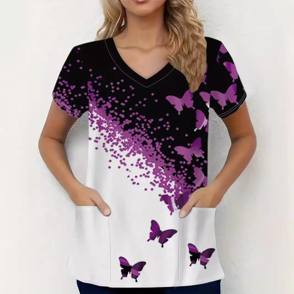 Romantic Pink Butterfly 3D Digital Print Women's Pocket V-neck Pullover Short Sleeved T-shirt Hospital Protective Apparel