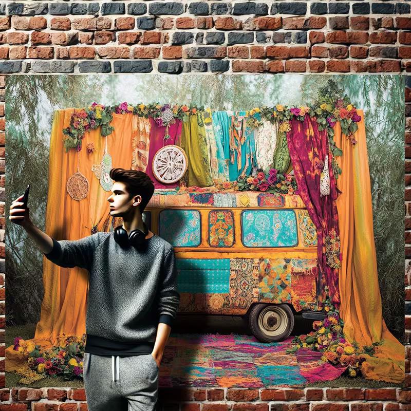 Boho Retro Camper Van Backdrop for Birthday Party & Festival Photography