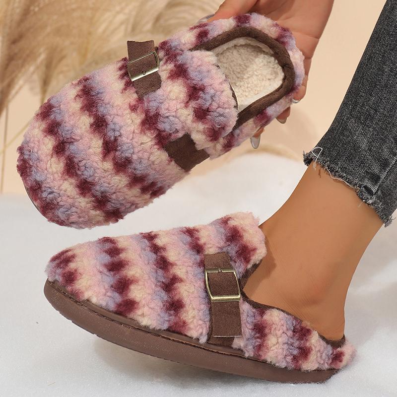 

Fashion Fashion Striped Cotton Slippers Women Closed Toe Slip On Plush Slippers Woman Winter Indoor Non Slip Warm Plush Slides Female 40-41