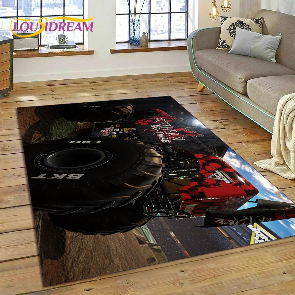 Tapete Cartoon Monster Truck Monster Jam para Sala de Estar Quarto Decoração de Casa, Tapete de Chão Antiderrapante Decoração para Sofá Capacho