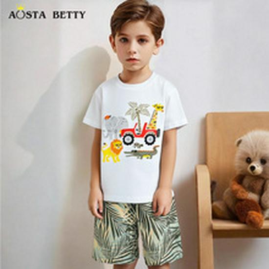 AostaBetty Boys' Round Neck Short Sleeve Summer Two-Piece Homewear Set