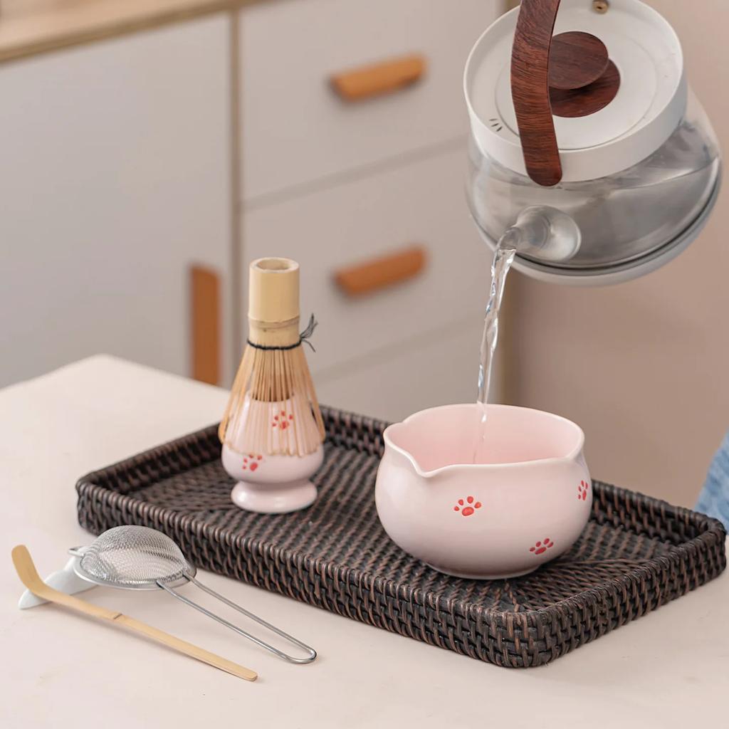 5/7pcs Pink Heart Decal Ceramic Matcha Set, Cute Matcha Set Includes Matcha- Bowl, Matcha Whisk and Holder, Bamboo Scoop, Sifter
