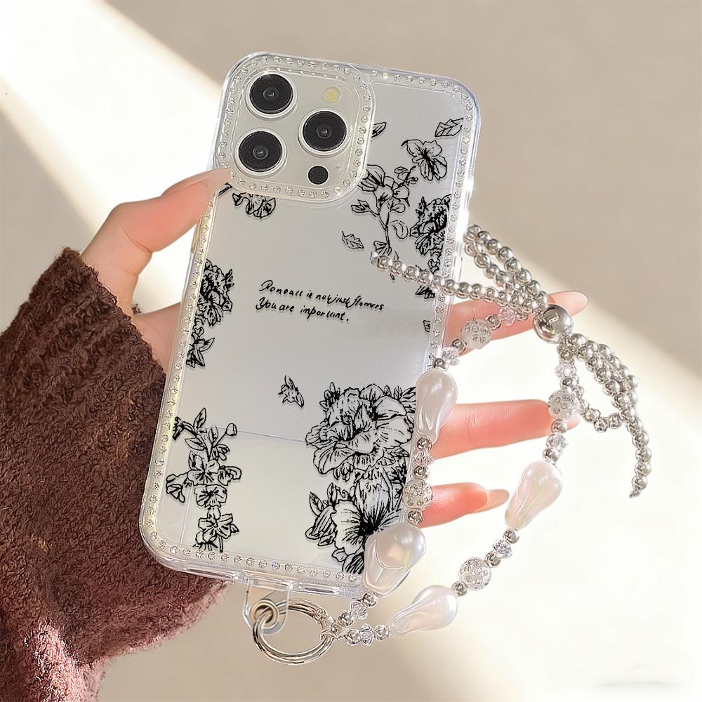 Bracelet Chain Phone Case For iPhone 17 16 15 13 14 for 17Air 17 12 14 16 Pro 17 14 16 Pro Max Sparking Diamond Cute Pattern Hard Cover With Lanyard