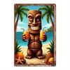 2D Flat, 1pc Sign, Hawaiian Style Carving Figure Holding a Juice Cup with Beach And Coconut Trees In The Background, Classic Wall Art, Durable Metal D