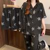Spring and summer black high-end star imitation cotton pajamas women's short-sleeved three-piece set, small lapel thin loungewear