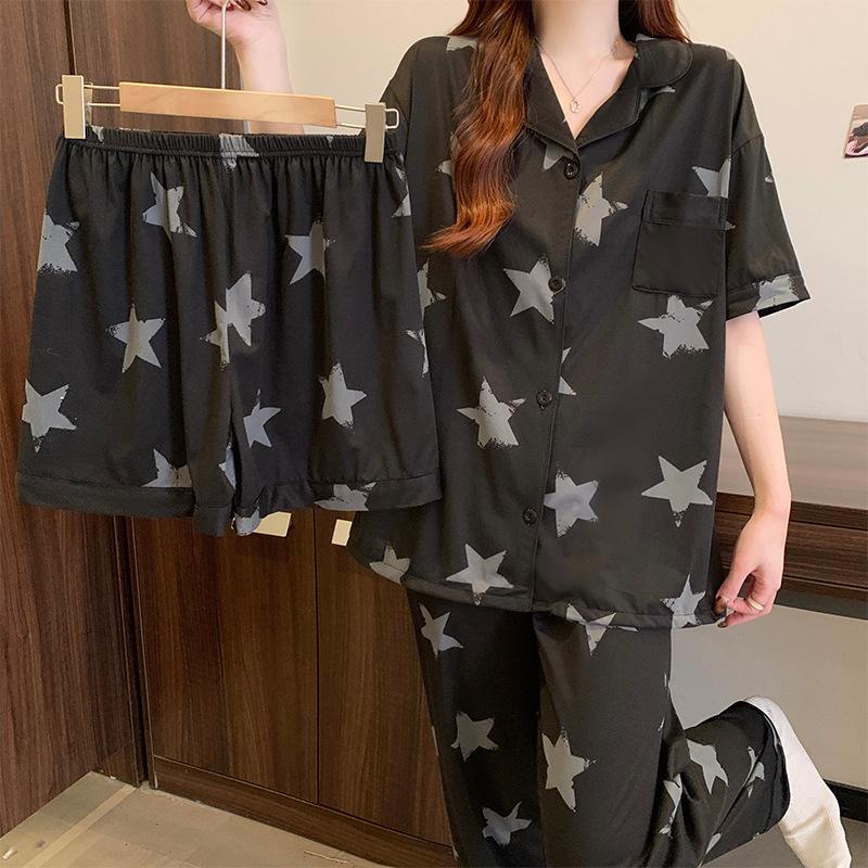 Spring and summer black high-end star imitation cotton pajamas women's short-sleeved three-piece set, small lapel thin loungewear