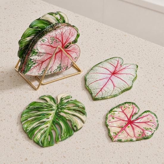 Acrylic Tropical Plant Coasters, Heat Resistant Non-Slip Drink Coasters, Easy Clean Leaf Shaped Pads for Coffee Table Desk Decor, Home Gift