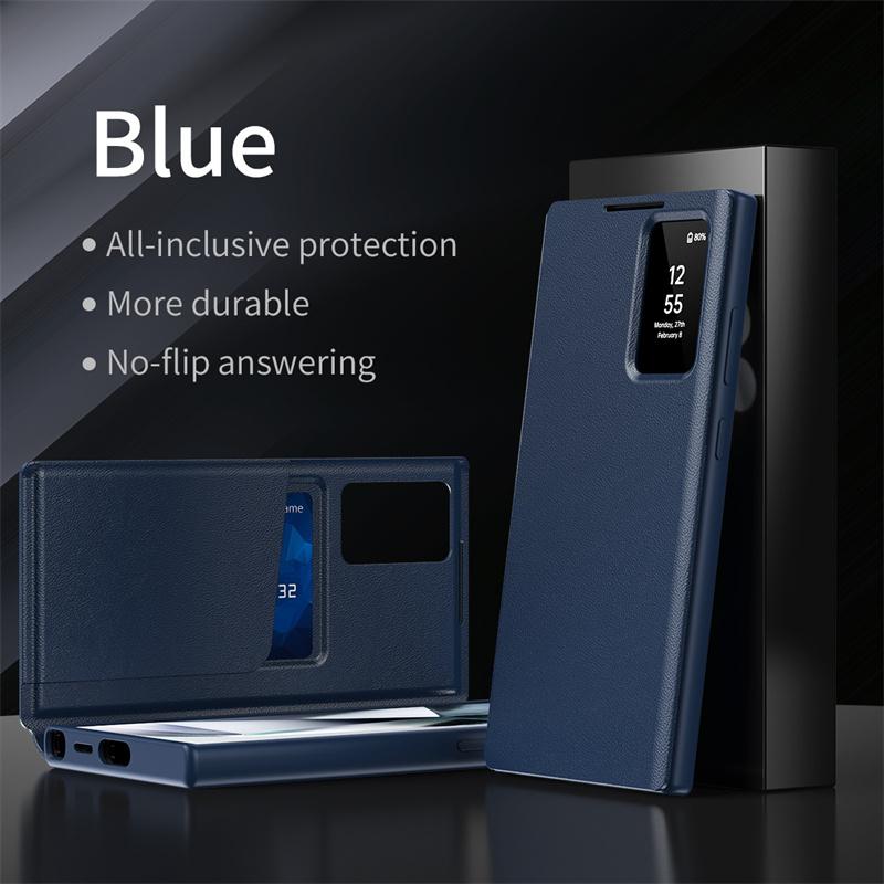 Pour Samsung Galaxy S25 S23 S24 S26 Ultra S25Plus Coque Cuir PU Poche Carte Flip Affichage Intelligent Couvercle Fenêtre Transparente Galaxy S22 5G bleu