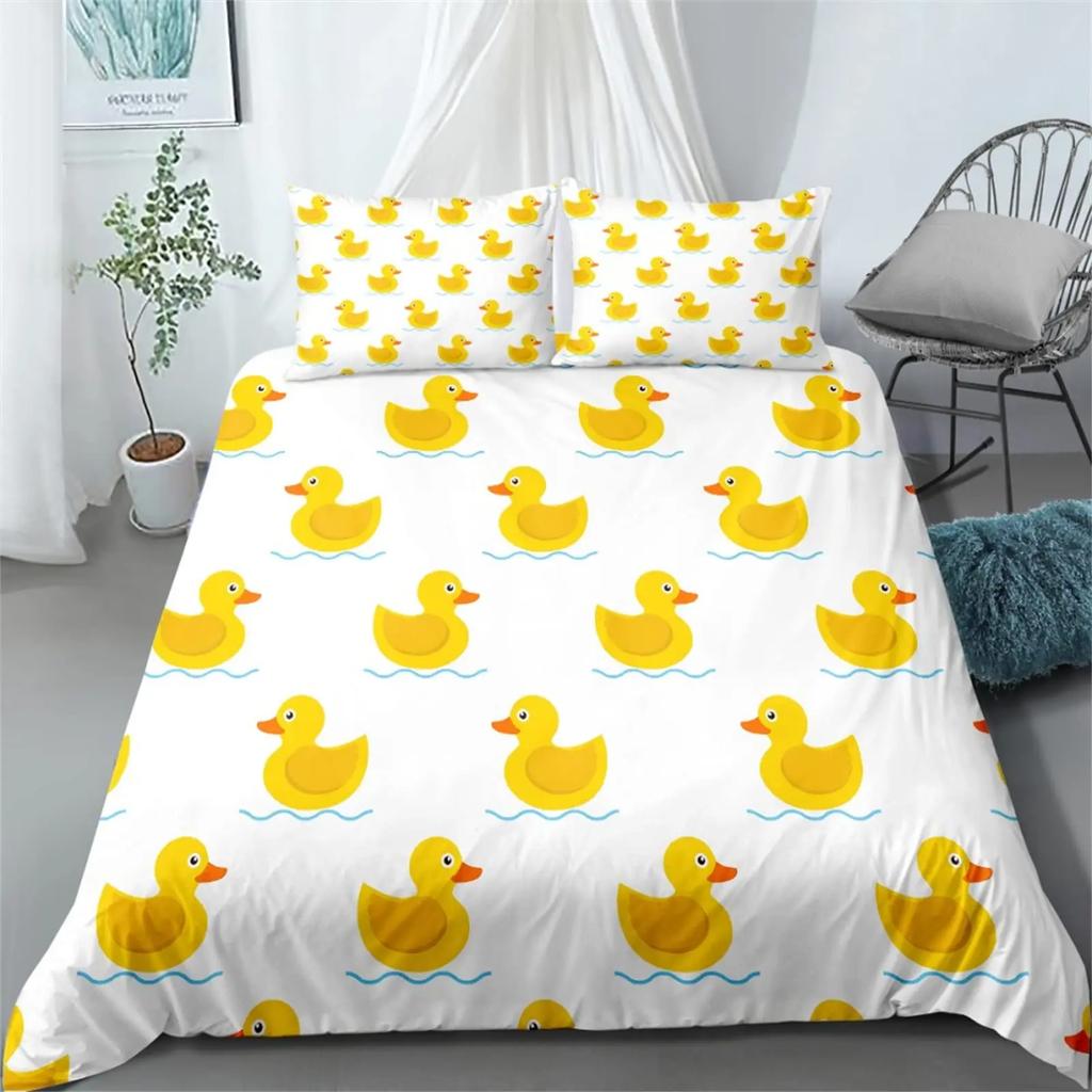 Carton Yelow Duck King Quen Soft Duvet Cover Farm Lovely Animal Beding Set Blue Buble Comfortable Quilt Cover Soft Polyester Warm Comforter Cover