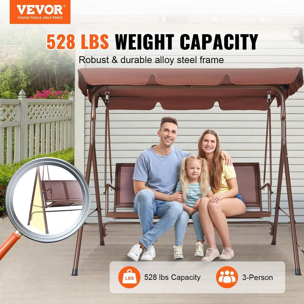3-Seat Patio Swing Chair, Outdoor Patio Swing with Adjustable Canopy, Porch Swing with Armrests, Teslin Fabric and Alloy Steel Frame, for Balcony,