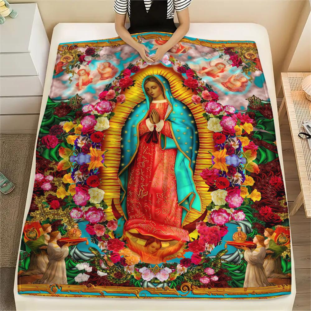 1Pc Virgin Mary Print Flannel Blanket, High quality Comfortable for All Seasons, Home Decor, Warmth and Comfort, Perfect for Christmas Gifts