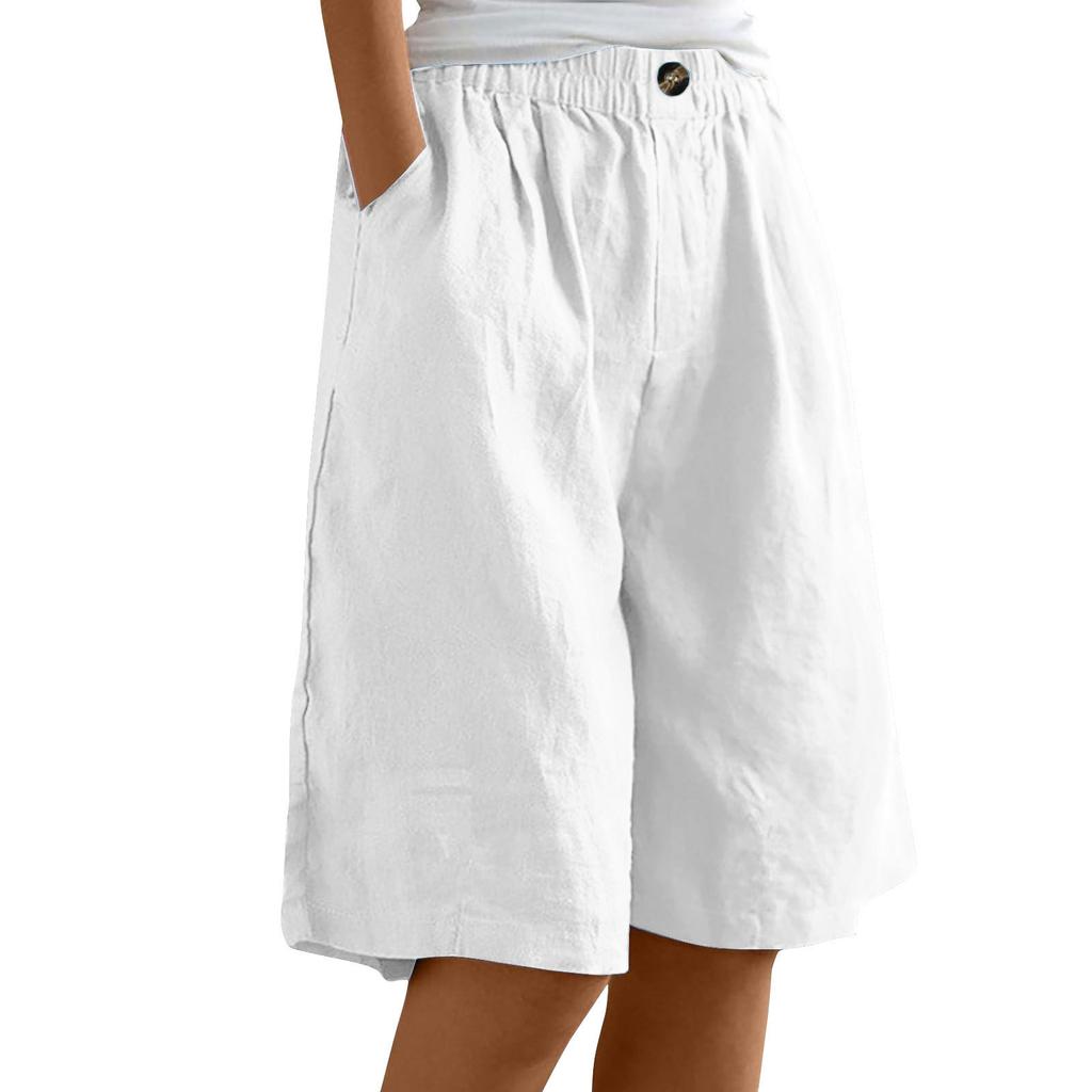 Women's High Waist Elastic Waistband Linen Bermuda Shorts Casual Loose Wide Leg Shorts With Side Pockets For Summer