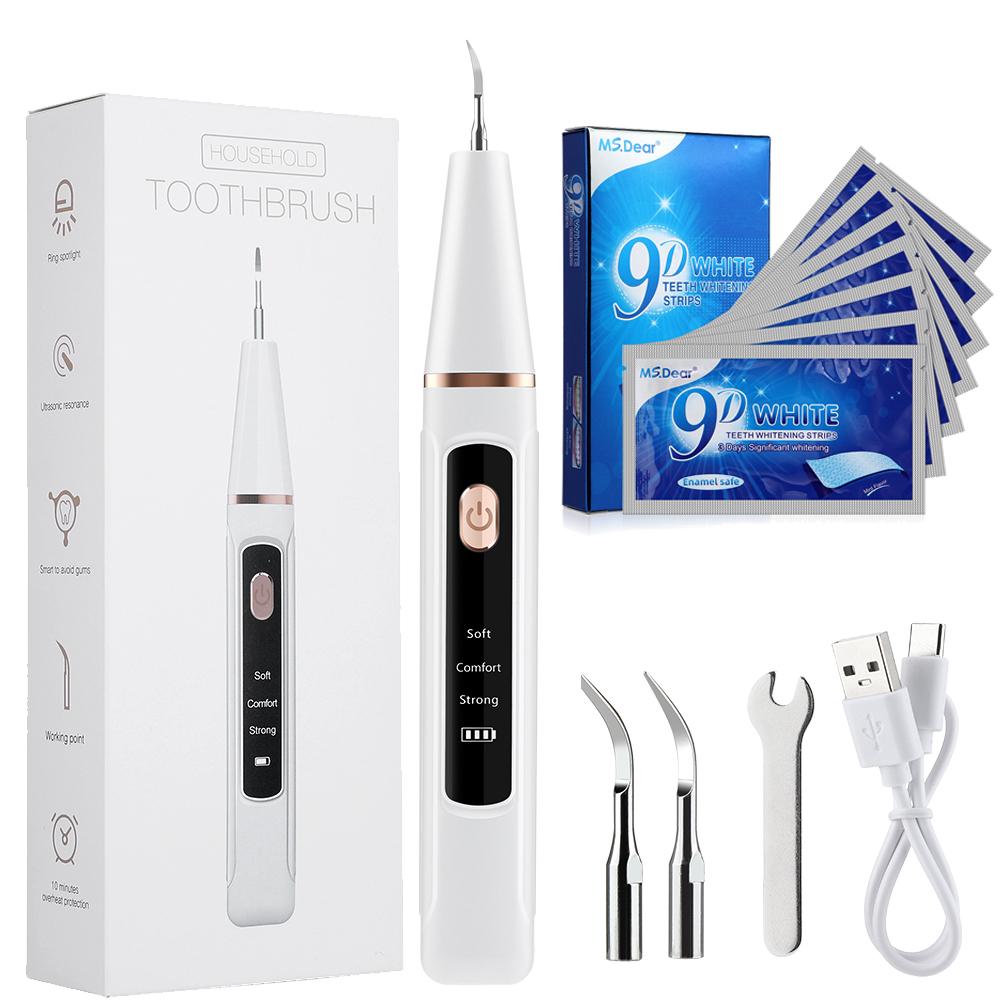 Raspador dental ultrassônico + tira de clareamento dental 5D Conjunto de limpador de dentes Cálculo Placa Raspador Tártaro Manchas Removedor de Pedras Dentárias