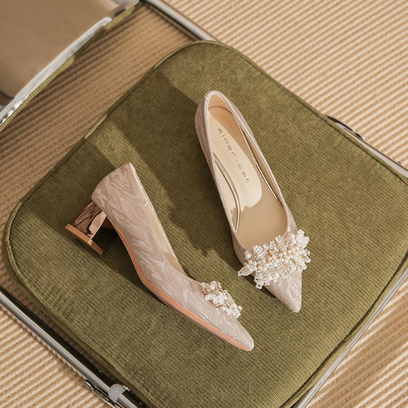 550-5 Pointed High Heels Women's Spring 2025 New Versatile Crystal Bridal Wedding Shoes Light Mouth Thick Heel Single Shoes
