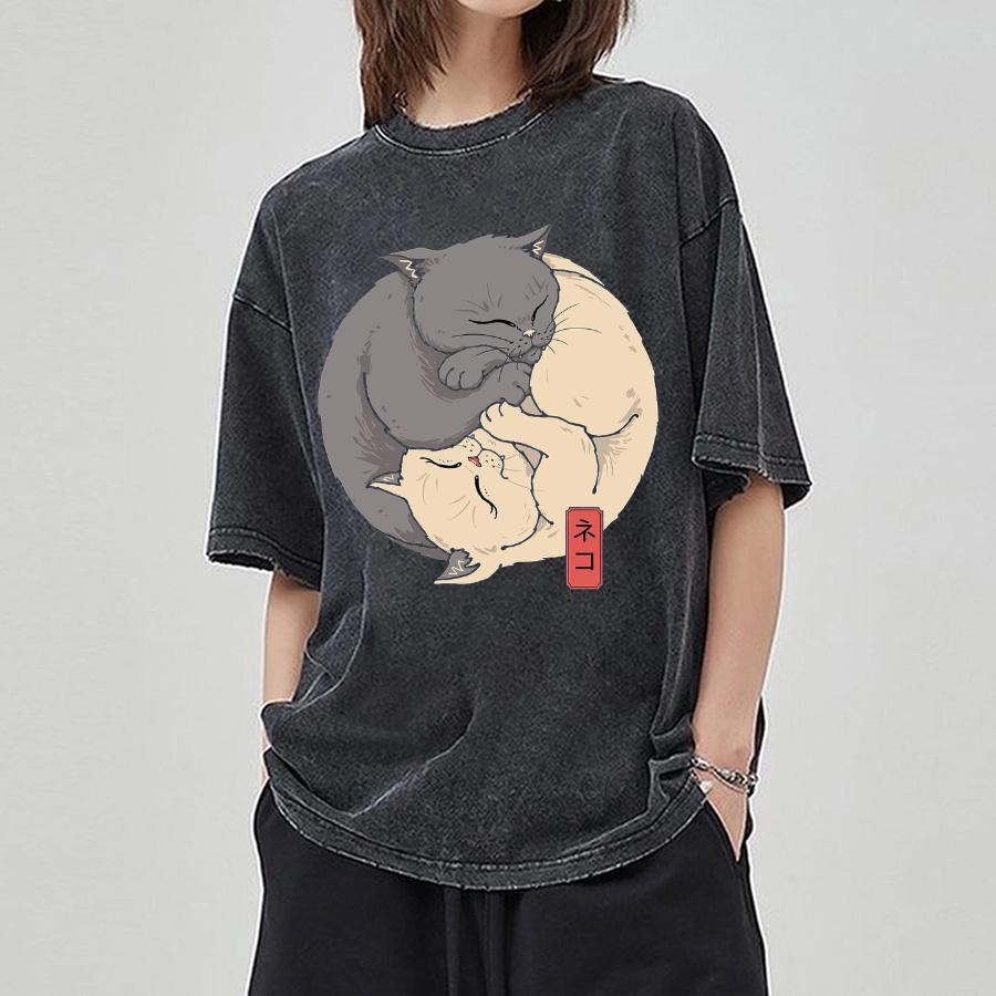 Japanese Two Cat Print Women Washed T-Shirt Oversized Loose Cotton Half-Sleeved Cute Anime Style Top Student Daily Tees