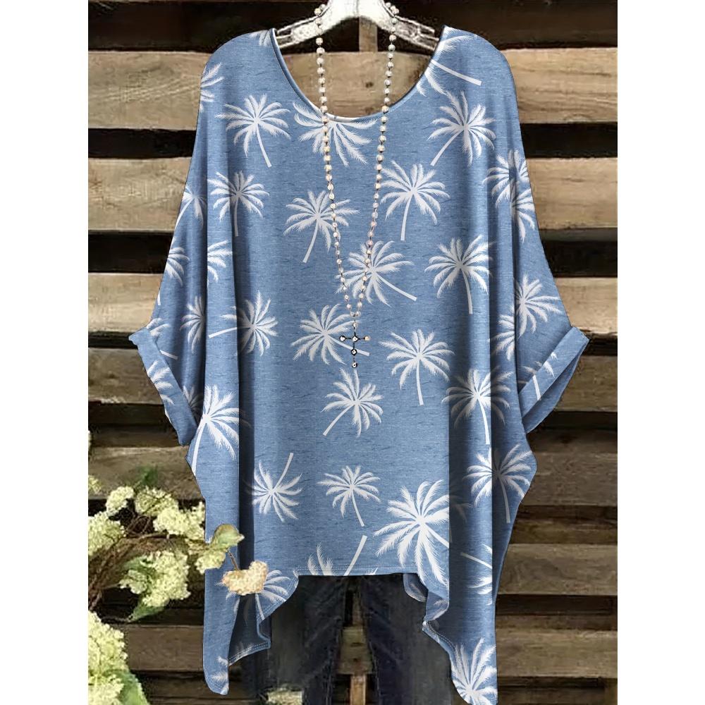 Women's Bohemian Flower Print T-Shirts Black Colorful Retro Full Body Graphic Y2k T-Shirts Summer Asymmetric Hemp&o- Neck Tops