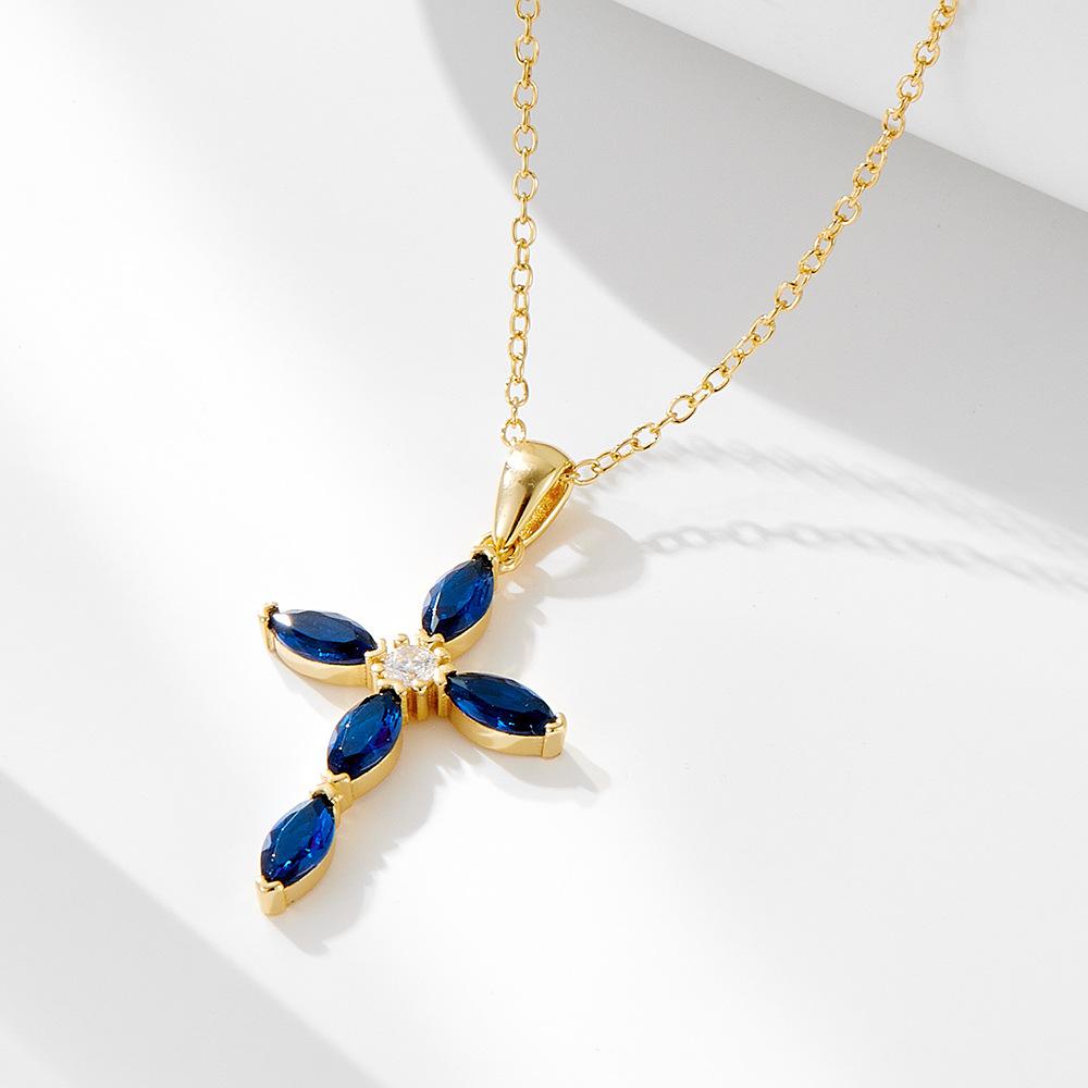 KN3744  Elegant Luxury Blue Oval Cross CZ 925 Sterling Silver Necklace золотой