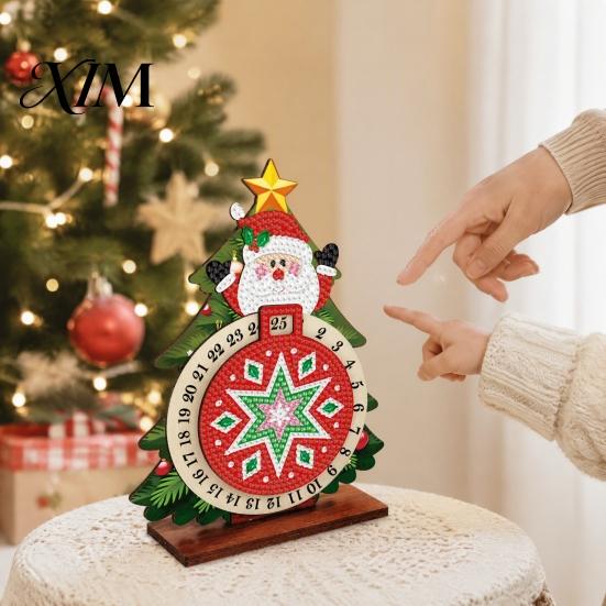 Christmas Countdown Calendar DIY Rhinestone Painting Calendar, 25 Days Rotating Holiday Activity Tree Advent Wooden Tabletop Ornament for Home