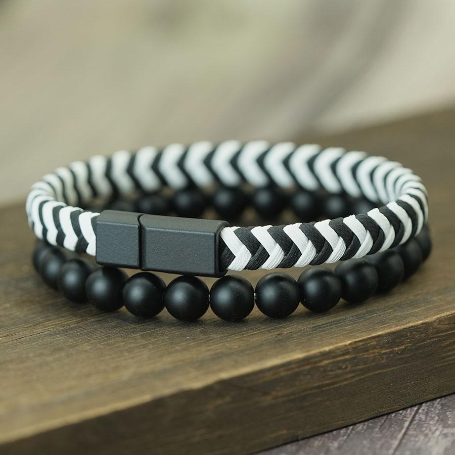 

Noter 2Pcs Bracelets Exclusifs Pour Hommes 8mm Onyx Stone Strand Braclet Handmade Weaven Leather Braslet Perfect Gift For Him